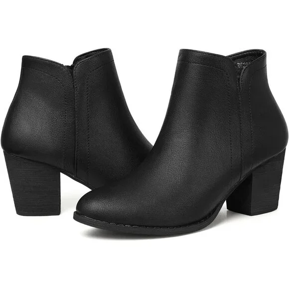 Women's Black Pu Ankle Chunky Heeled Almond Toe Short Zipper Faux Suede Booties