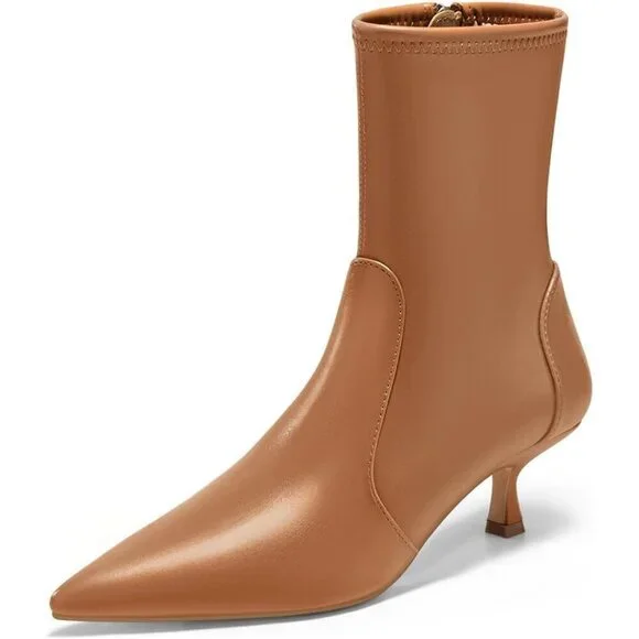 Women's Brown Low Kitten Heel Ankle Shoes Pointed Toe Side Zipper Fall Booties