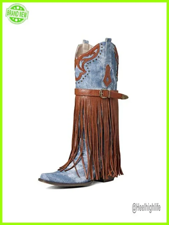 Western Bootie, Pointed Toe, Chunky Heel, Embroidered, Fringe, Mid Calf Boots,
