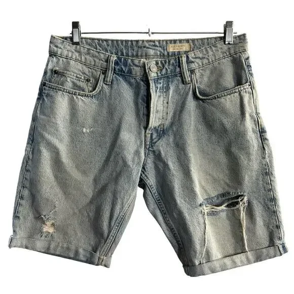 AllSaints Switch Distressed Mens Bermuda Jean Denim Shorts Blue Size 32