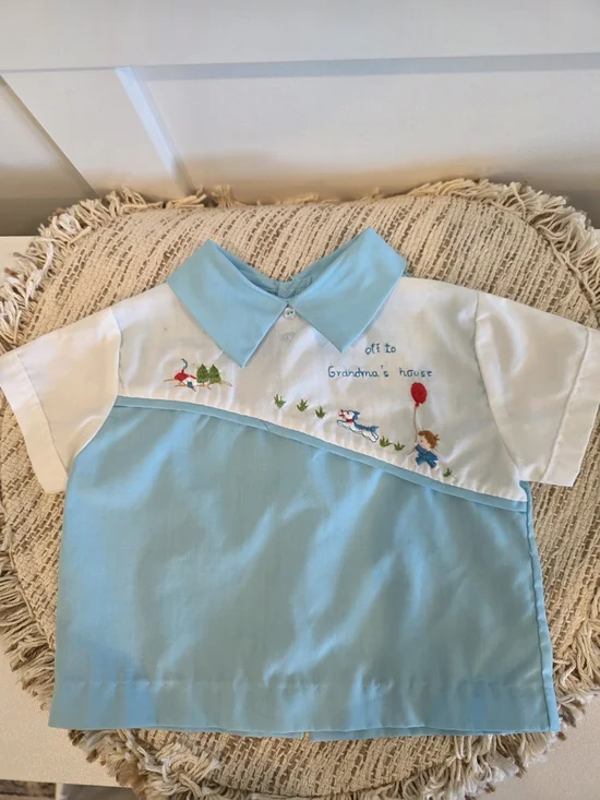 Vintage Nostalgic Infant 3-6 Month Blue and White Embroidered Baby Swing Shirt