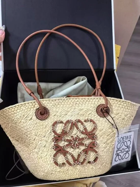 Loewe Anagram Leather Trim Raffia Open Top Tote Bag