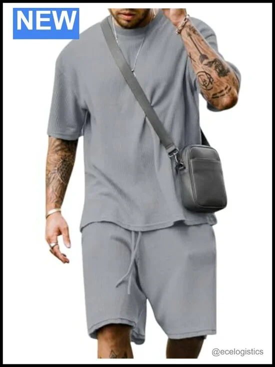 Mens Oversized Summer Shorts Set - Waffle Texture Loungewear