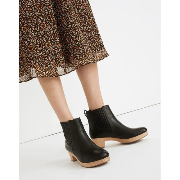Madewell The Clog Boot 9 Black Leather Wooden Heel Pull On