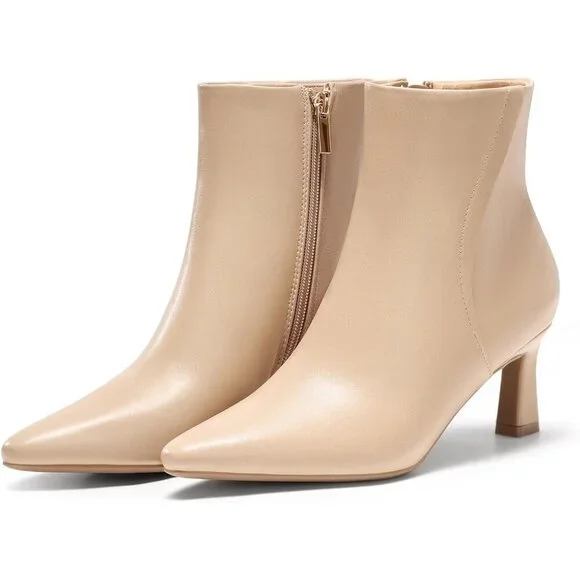 Women's Khaki Ankle Kitten Low Heel Pointed Toe Zipper Winter Dress Boots