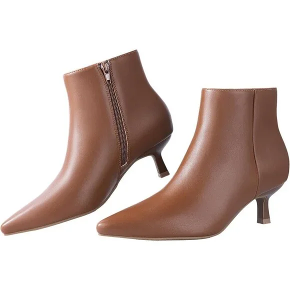 Women's Brown Kitten Heel Ankle Winter Dress Shoes Pointed Toe Side Zipper Boots