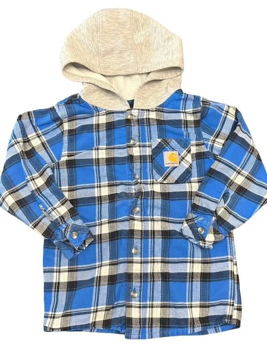Carhartt Boys Hooded Flannel Shirt Size 7 Blue Plaid Button Down 100% Cotton