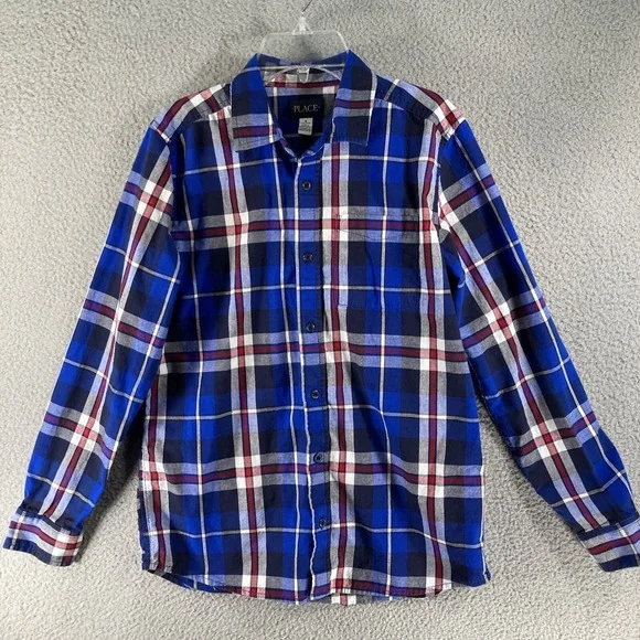 The Childrens Place Plaid Button Down Boys 16 XXL Blue Red White Cotton Shirt