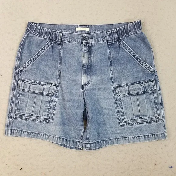 Savane Cargo Shorts Mens 38 Blue Denim Retro Elastic Waist Utility Pockets
