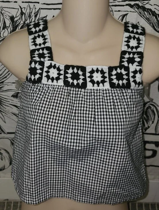 Btween Black & White Check Crochet-Trim Kids Top Sz 8