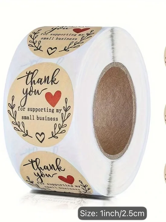 Thank You Heart Kraft Sticker Roll - Red & Brown