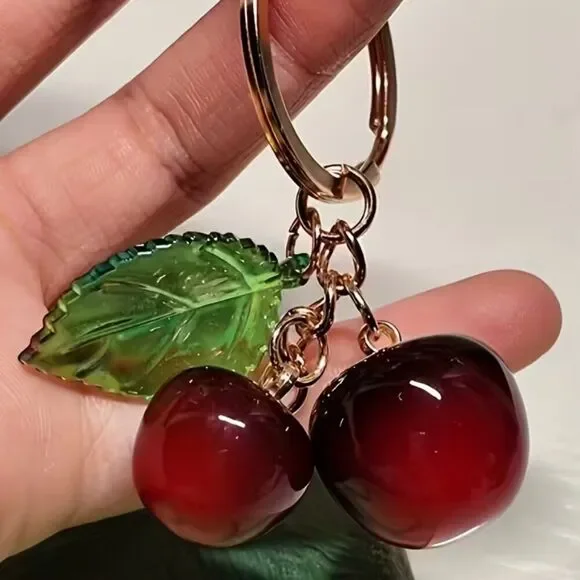 NWT Realistic Resin Cherry Bag Charm Fruit Keychain Gold