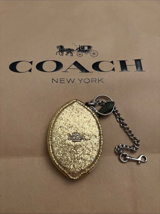 Coach Gold Glitter Leather Key & Card Holder with Chain