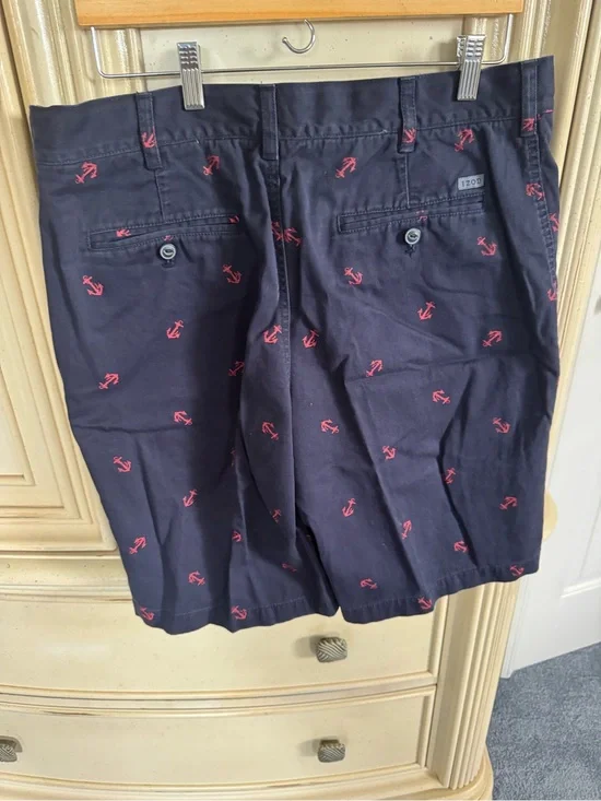 Izod Navy Flat-Front Shorts with Red Anchor Embroidery