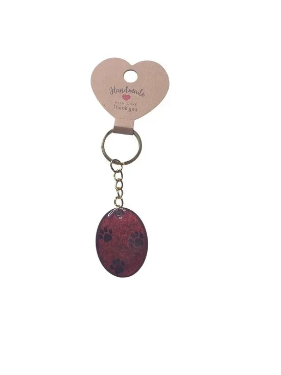 Handmade Resin Keychain Paw Print Design & Gold Oval Shape 1.5