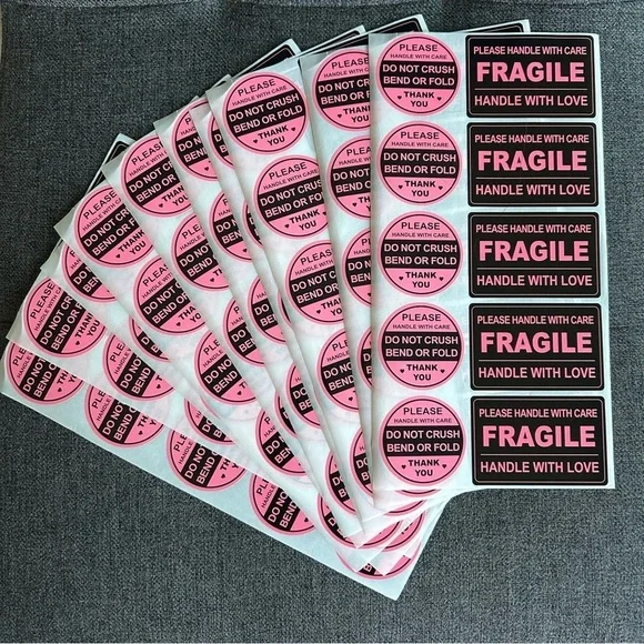 Count of 100 - Fun, Neon Pink + Black Rectangular + Circular FRAGILE Stickers