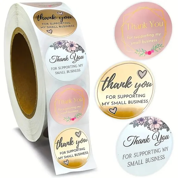 Thank You for supporting my small business Stickers Roll 500 Pink blue floral
