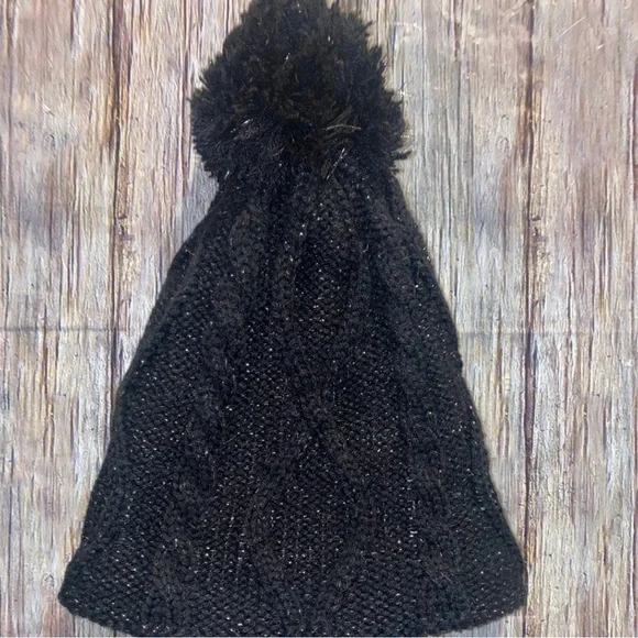 💞 New Little Kids Size 4-7 Black & Silver Pom Pom Beanie Knit Hat
