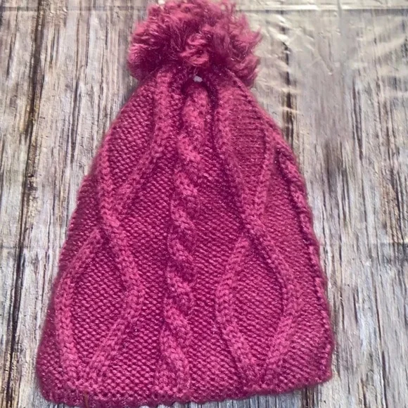 💞 Little Kids Size 4-7 Plum & Metallic Pom Pom Beanie Knit Hat