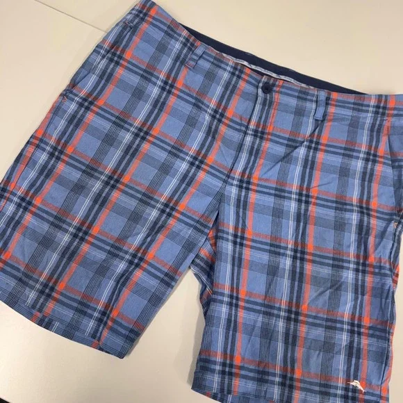 Tommy Bahama‎ Plaid Performance Shorts Mens 40 Blue Orange Stretch Marlin Logo