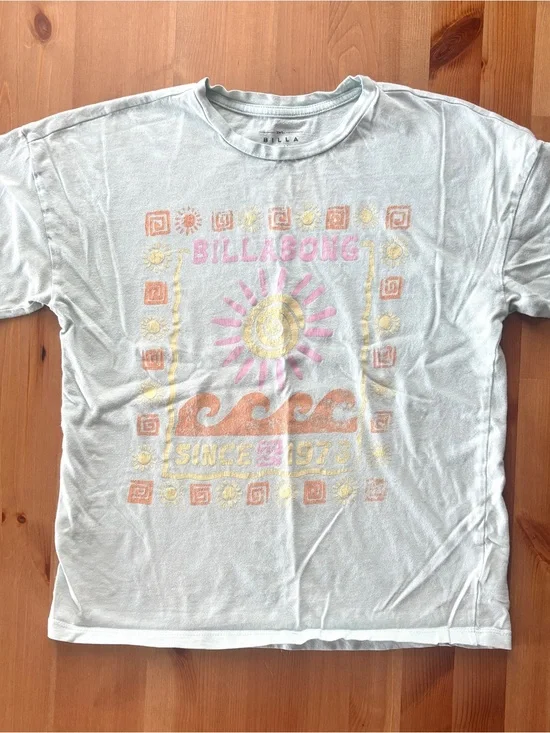 Girls Billabong Pastel Graphic Tee in Light Blue with Pink Sun & Orange Waves