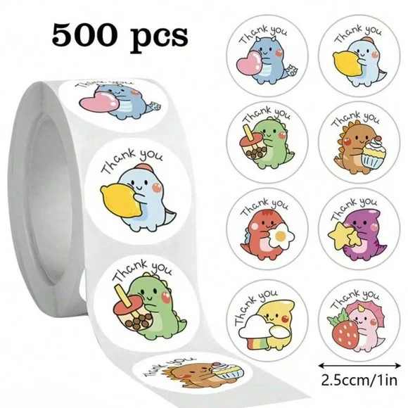 Dinosaur THANK YOU Stickers - 1 Roll (500pcs) NEW