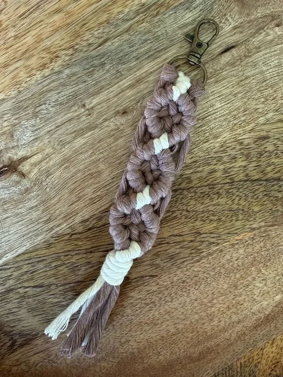 Macrame Keychain Handmade Boho, Bag Charm, Mink and White