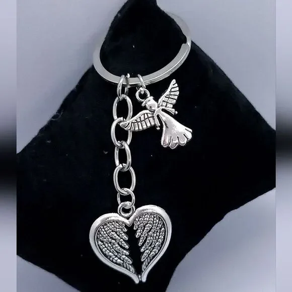 Guardian Angel Heart Wings Keychain Silver Inspirational Bag Charm Memorial Gift