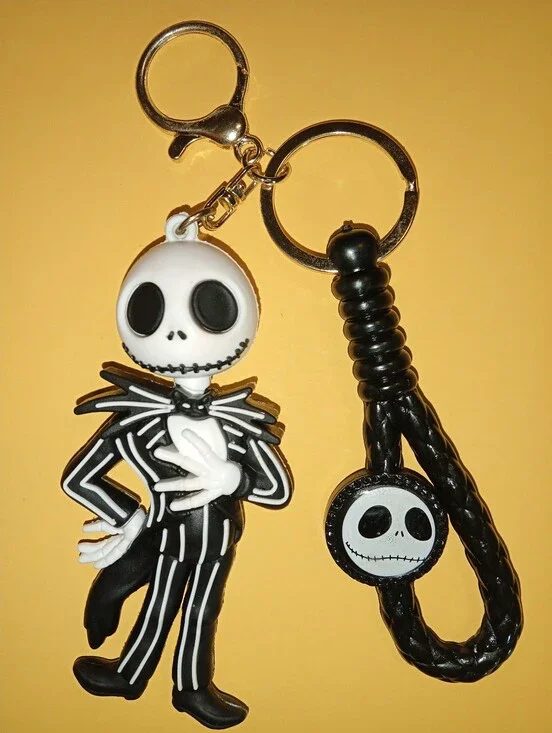 Jack Skellington Silicone Keychain with Braided Loop - Black & White