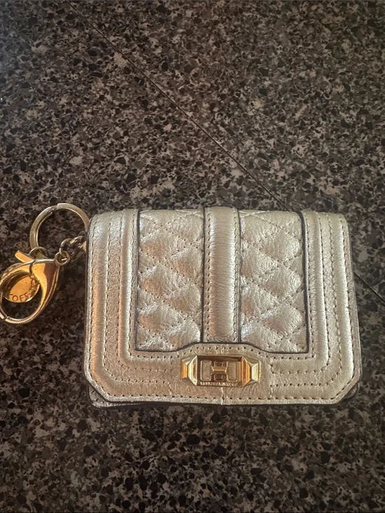 Rebecca Minkoff Metallic Silver Quilted Key & Card Holder with Gold Hardware