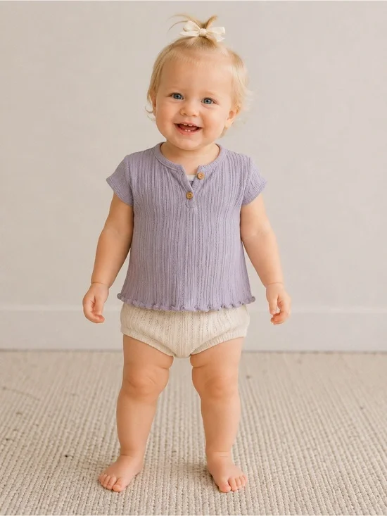 Zara Baby Girls Lavender Pointelle Knit Henley Top | Size  9-12M