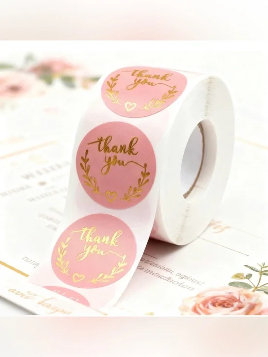 Thank You Pink Round Sticker Labels with Gold Foil - 500 Pcs