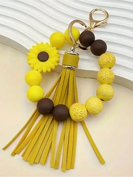 Hand Crafted Yellow and Brown Sunflower Tassel Key & Card Holder