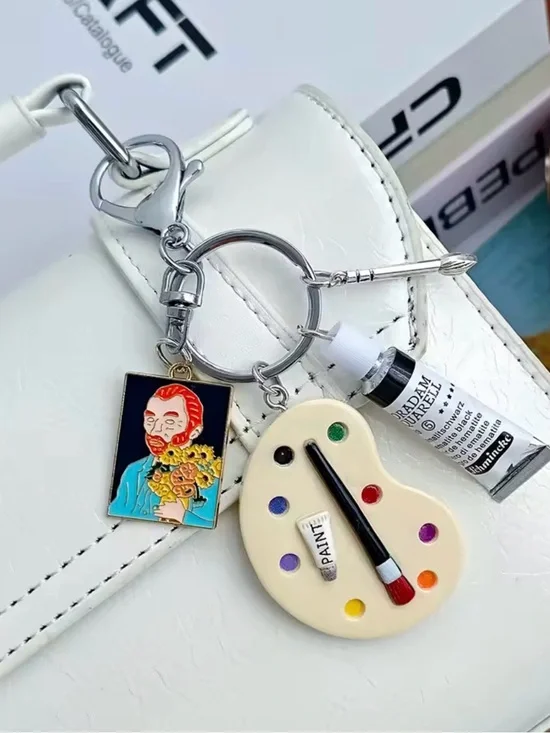 Artist Palette Keychain Charm with Paint Tube & Van Gogh Charm
