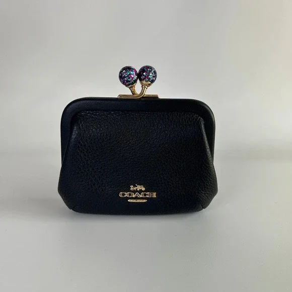 Coach Nora Kisslock Black Pebbled Leather Card Case C2132 NEW