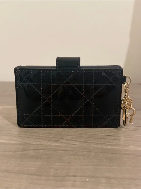 Lady Dior Black Patent Quilted Card & Key Holder with Gold Charm