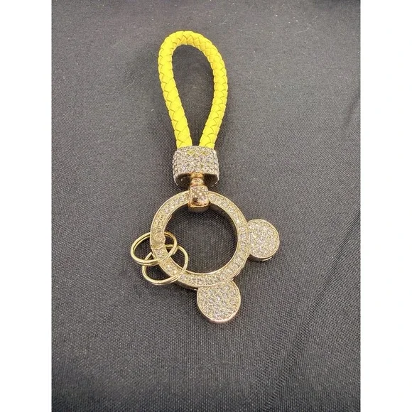 Leather Braided Rope Keychain Pendant Key Car Holder Keyring Mickey Ears Yellow