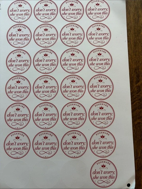 50 Poshmark 'Don't Worry; She Won This' Round Sticker Sheet - Red Text on White