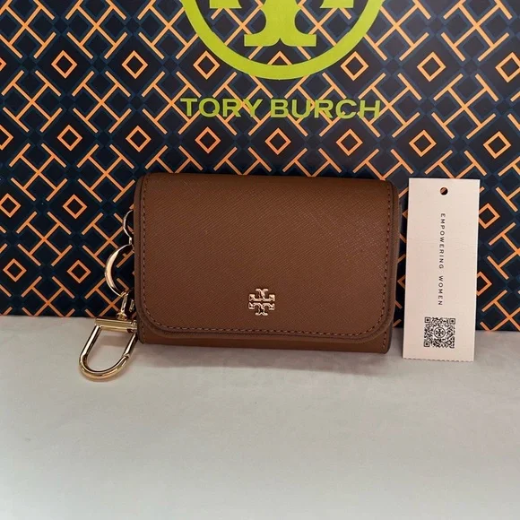 Tory Burch Emerson Flap Card Case Wallet Moose Tan Brown Gold