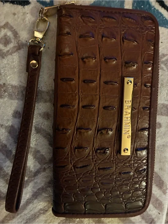 Brahmin Brown Suri Zip Around Croc-Embossed Wristlet Wallet with Gold Hardware