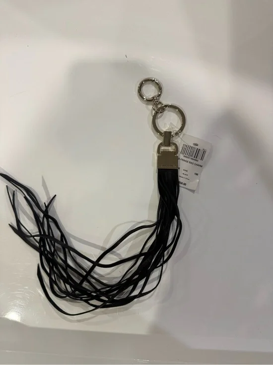 Henri Bendel Black Leather Fringe Bag Charm Keychain Silver Tone