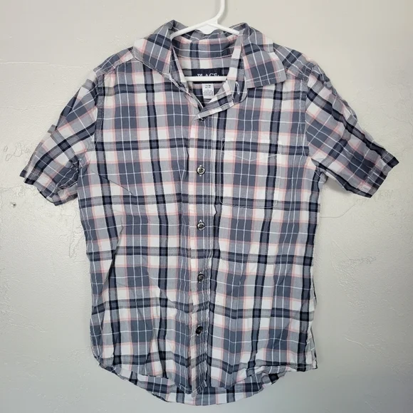 The Children's Place Grey Blue Plaid Short Sleeve Button Up Shirt Medium 7/8