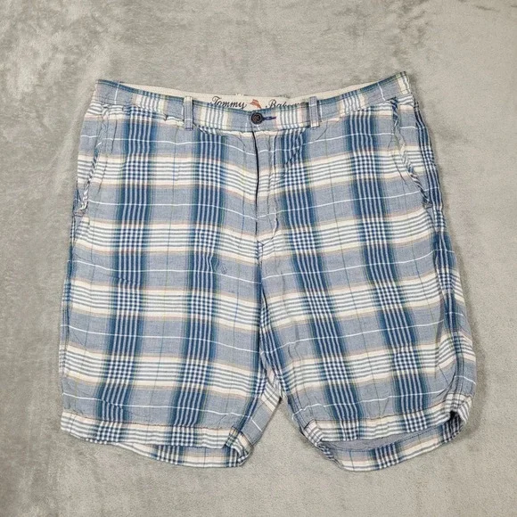 Tommy Bahama Shorts Mens 38 Blue Plaid Linen Tencel Flat Front Casual Island