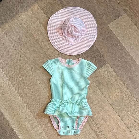 Kids Mint & Pink Ruffle One-Piece Swimsuit with Sun Hat