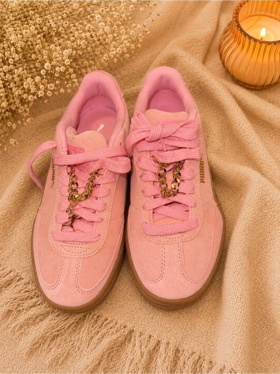 Puma Pink Suede Platform Women's Sneakers with Gold Chain Detail