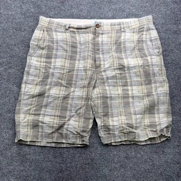 Tommy Bahama Plaid Shorts Mens 38 Khaki Grey Linen Tencel 9