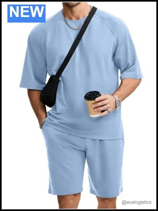 Mens 2 Piece Summer Outfit Raglan Sleeve T-Shirt & Shorts Set Tracksuit