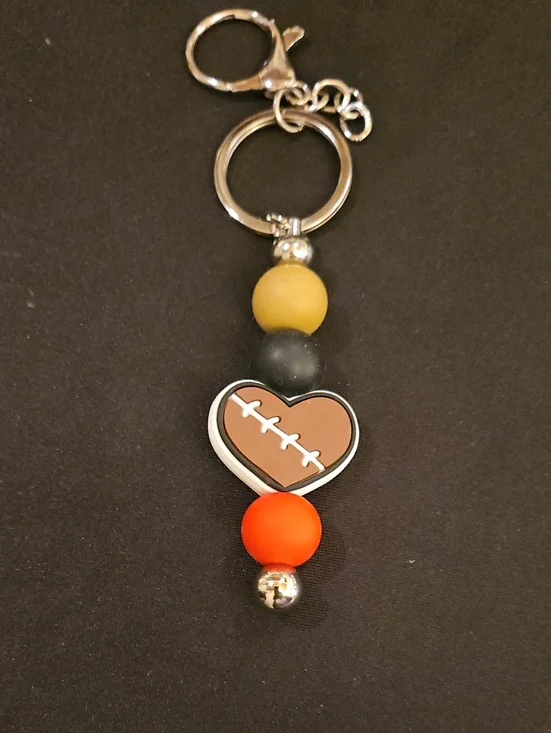 Heart Football Keychain with Tan, Black and Orange Beads