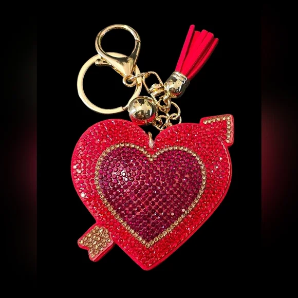 Heart-Shaped Red Bag Charm Keychain with Gold Accents