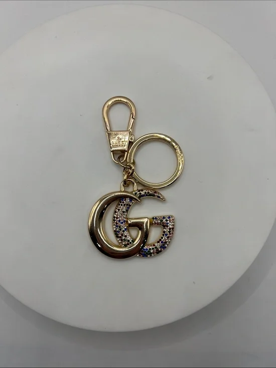1447.  Gold Double G Multi Color Crystal-Encrusted Keyring or Bag Charm